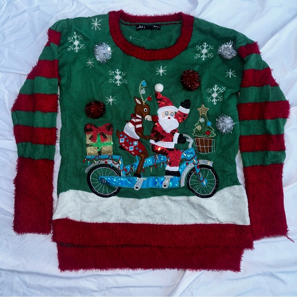 Ugly Christmas Sweater - Santa and a Reindeer on a bike Womens Medium NWT